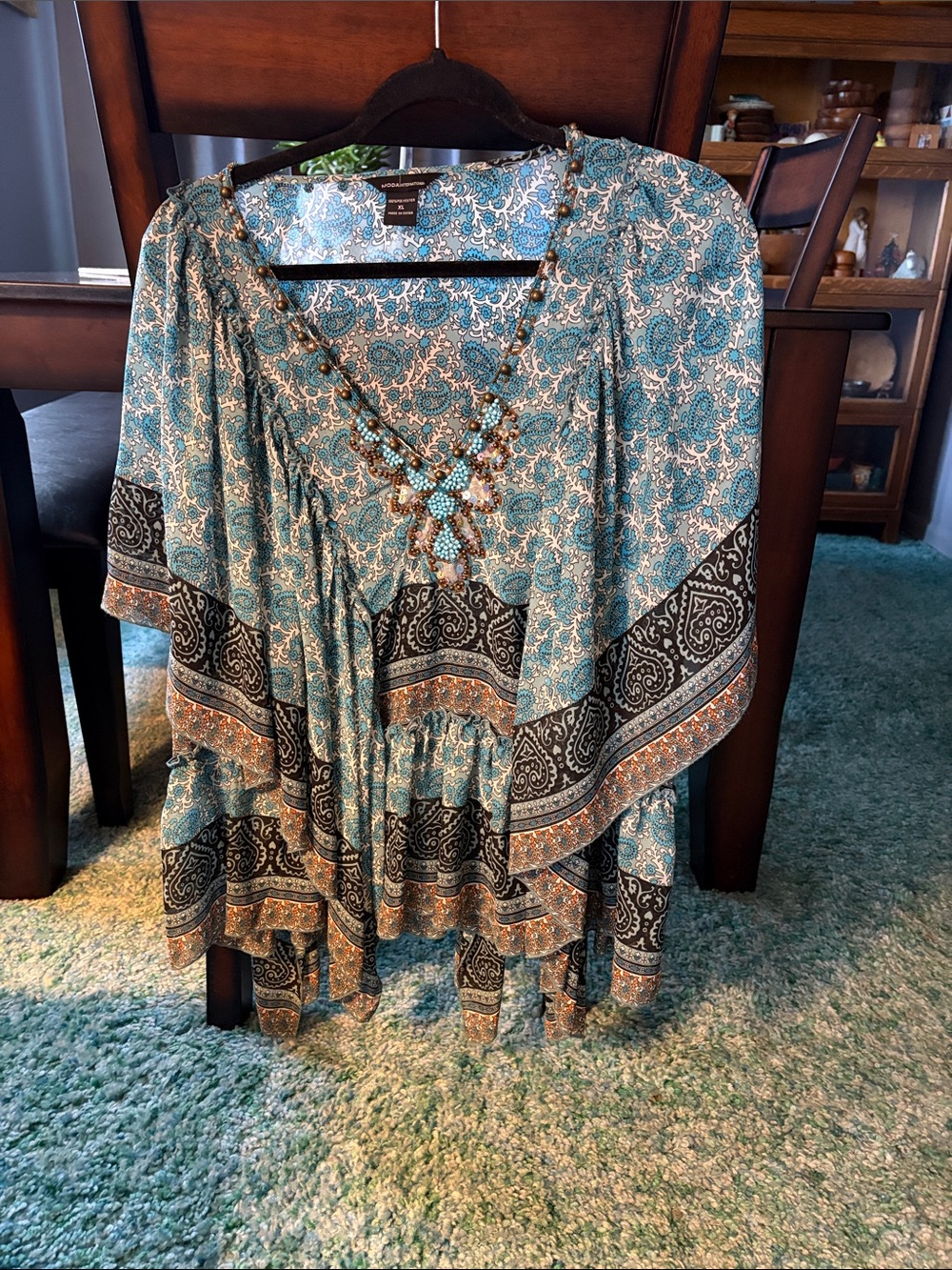 Moda International Teal and Black Paisley Beaded Boho Tunic